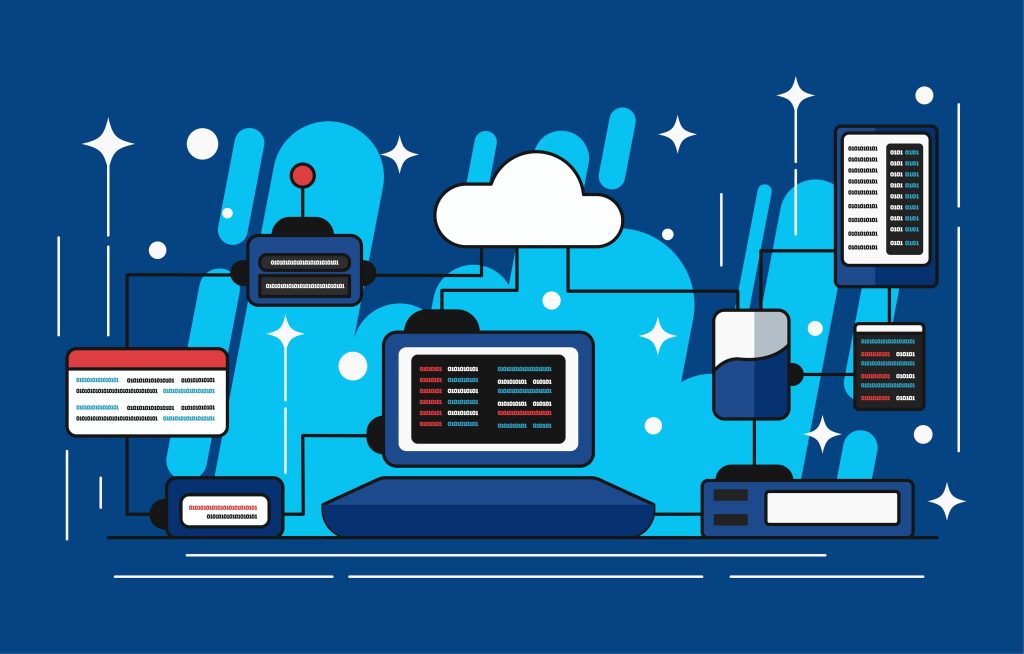 Illustration of interconnected servers, devices, and cloud infrastructure processing binary data, representing real-time AI and ML data architecture