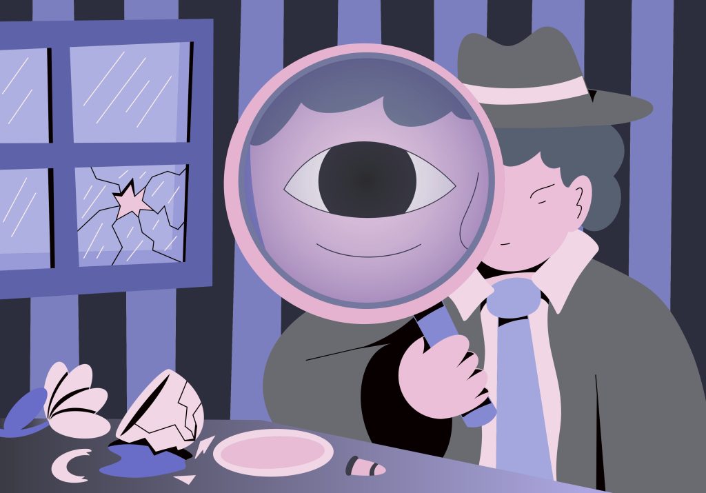Detective holding up a magnifying lens in front of eye