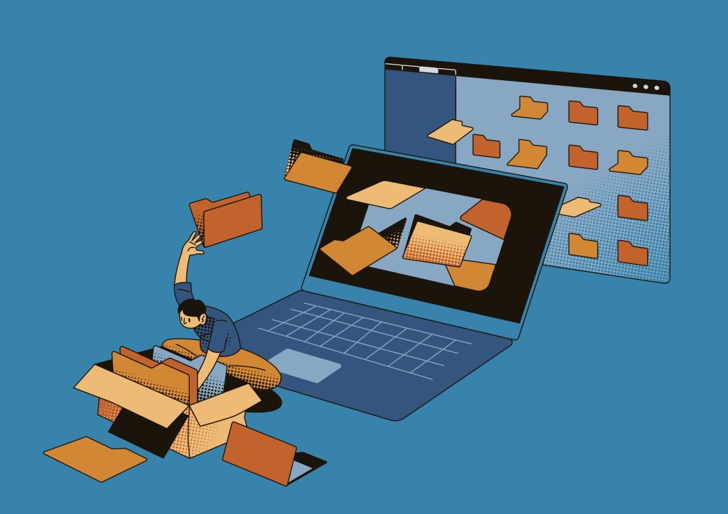 An illustration of a person sitting in a cardboard box, surrounded by scattered folders flying through the air toward a laptop screen and an organized grid of folders in a browser window — representing the challenge of managing fragmented API portfolios and the promise of centralized catalog visibility.