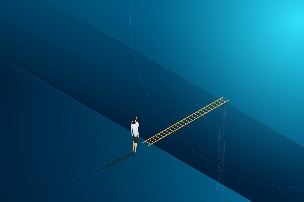 Conceptual illustration of a professional escaping the break-fix trap, featuring a woman looking at an orange ladder bridging a deep blue chasm toward a bright light.