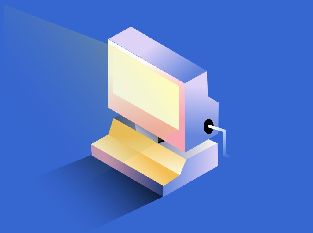 A stylized illustration of a desktop computer with a glowing screen, casting light into a blue background, with a cable connected at the back, depicting always on agents